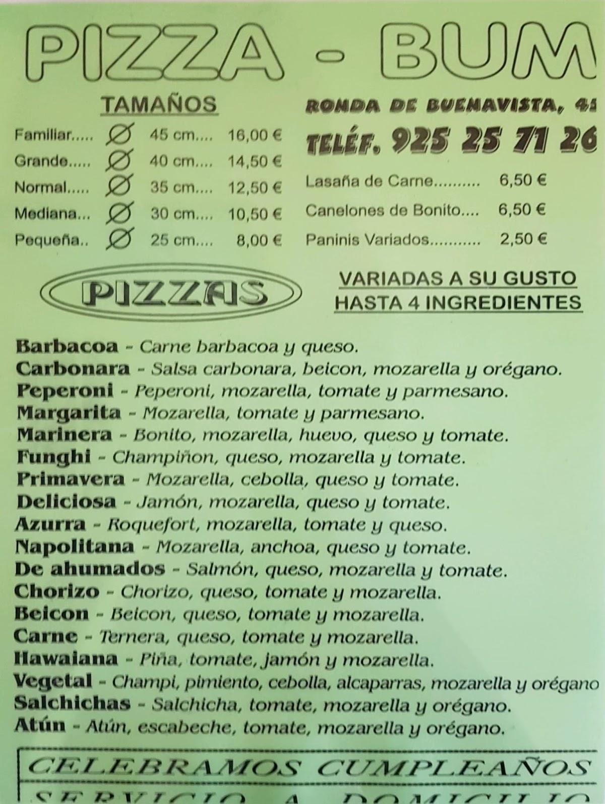Carta del restaurante Pizza Bum, Toledo