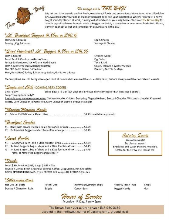 Menu at Brown Bag restaurant, Lansing