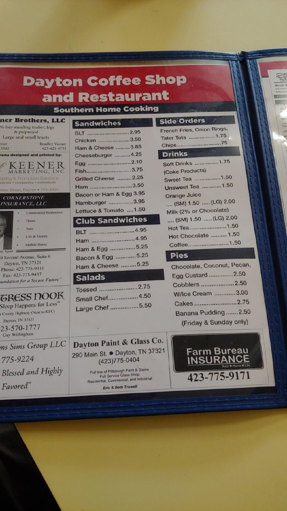 Menu at Dayton Coffee Shop restaurant, Dayton