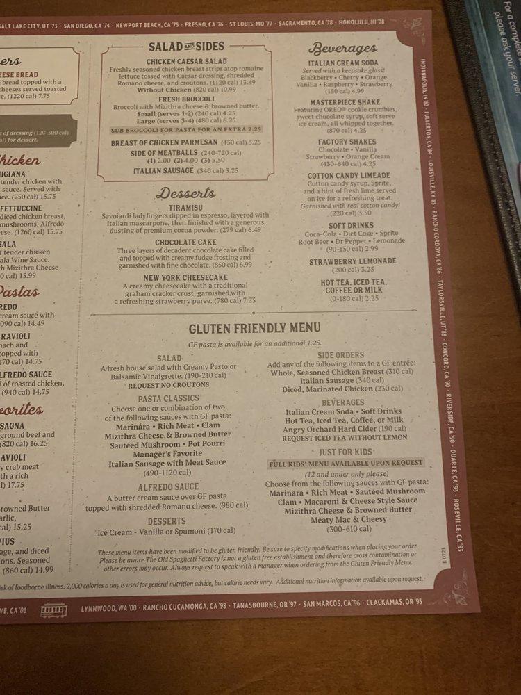 Menu at The Old Spaghetti Factory restaurant, Wichita