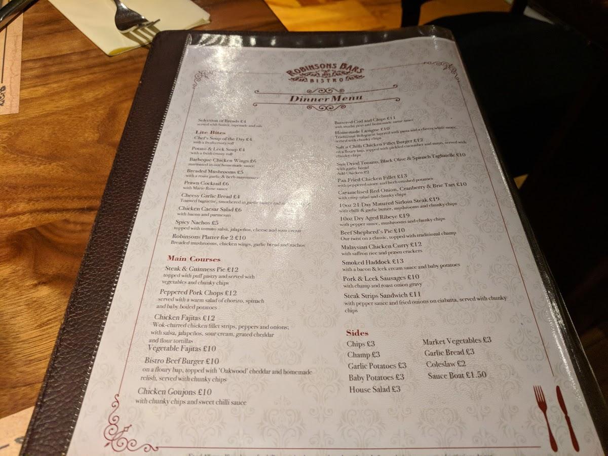 Menu at Robinsons Bar, Belfast, 3840 Great Victoria St