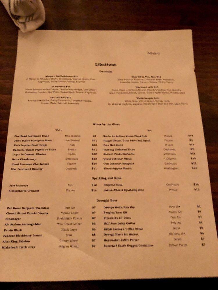 Menu at Allegory restaurant, Naperville