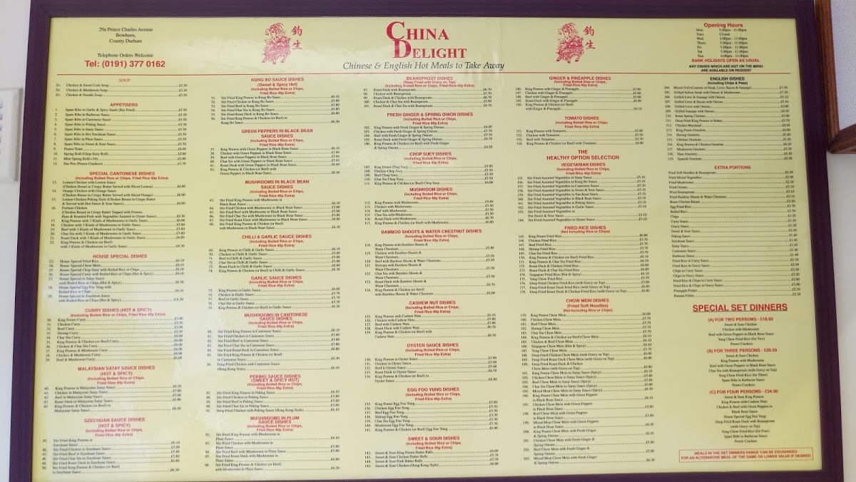Menu at Bowburn China Delight Chinese Takeaway restaurant, Durham