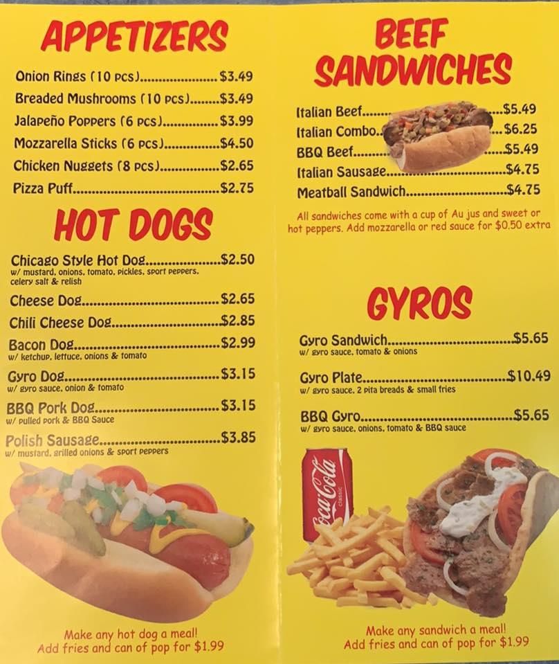 Menu at Lili’s Hot Dogs restaurant, Manteno