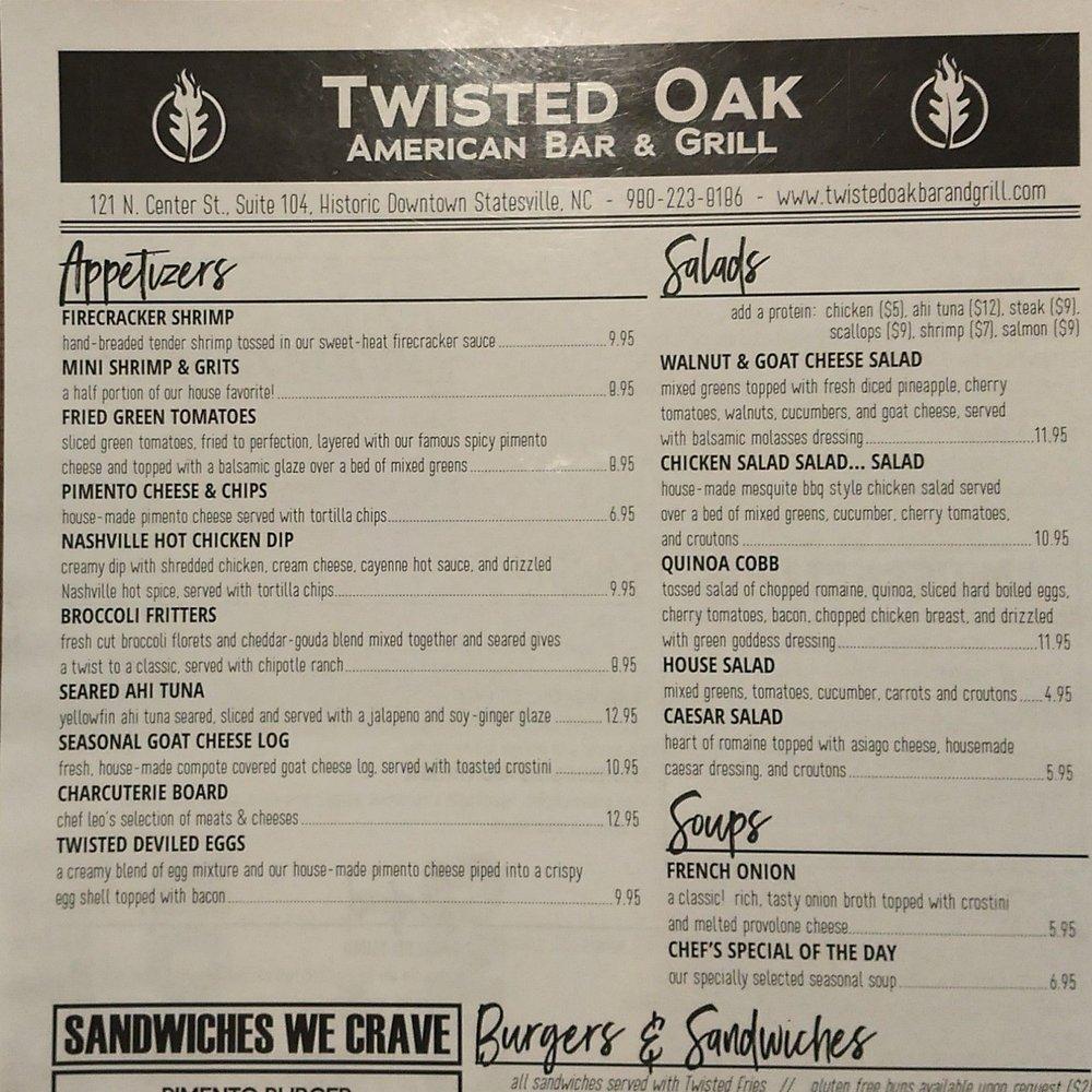 Menu at Twisted Oak American Bar & Grill, Statesville