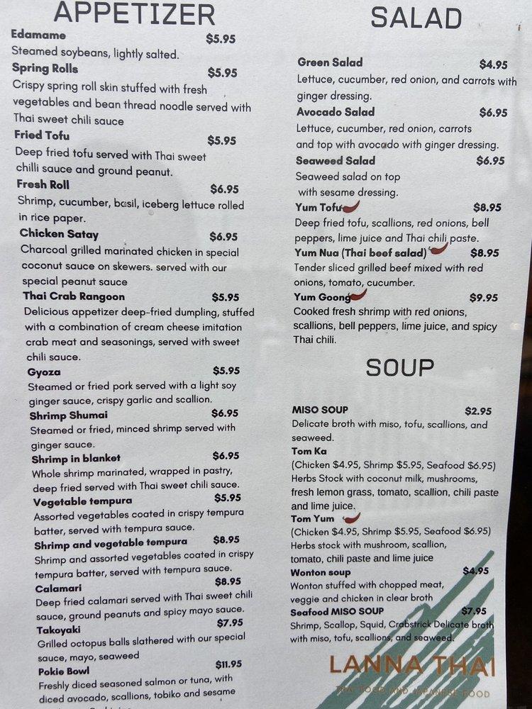 Menu at Lanna Thai restaurant, Laconia