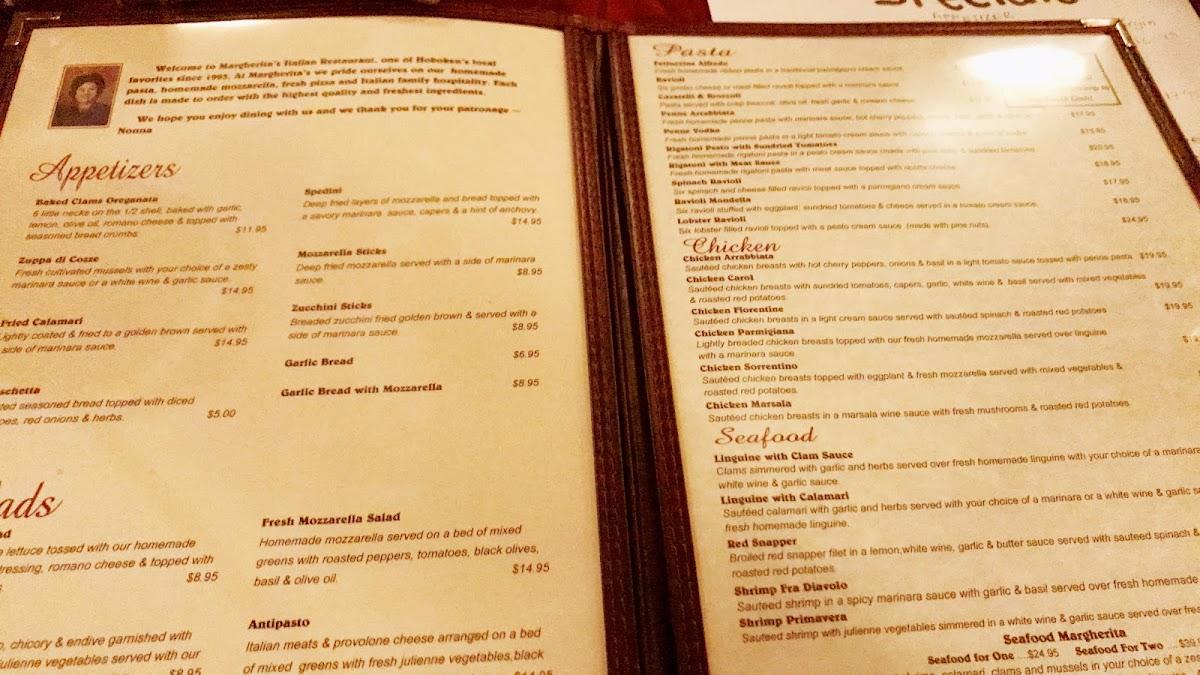 Menu at Margherita's pizzeria, Hoboken