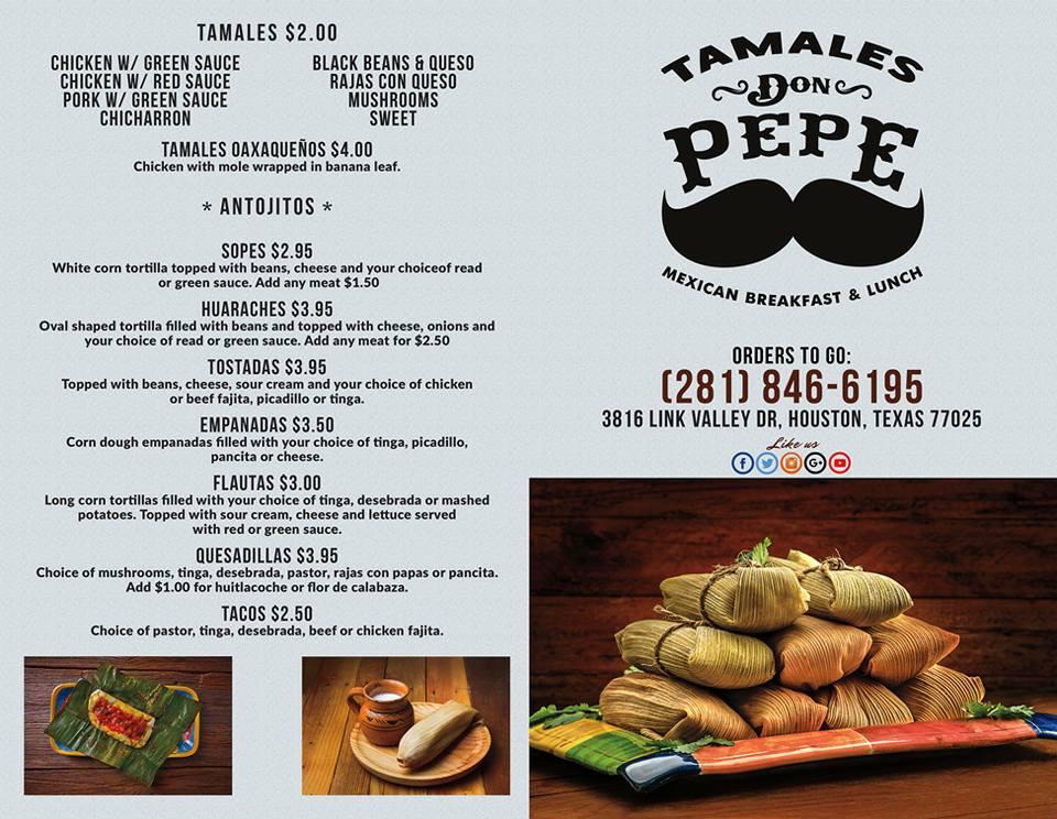 Menu at Tamales Don Pepe restaurant, Houston