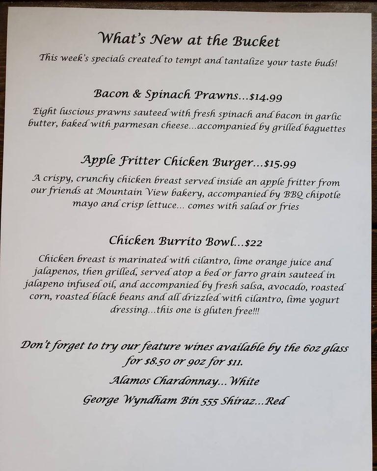 Menu at The Clam Bucket restaurant, Port Alberni
