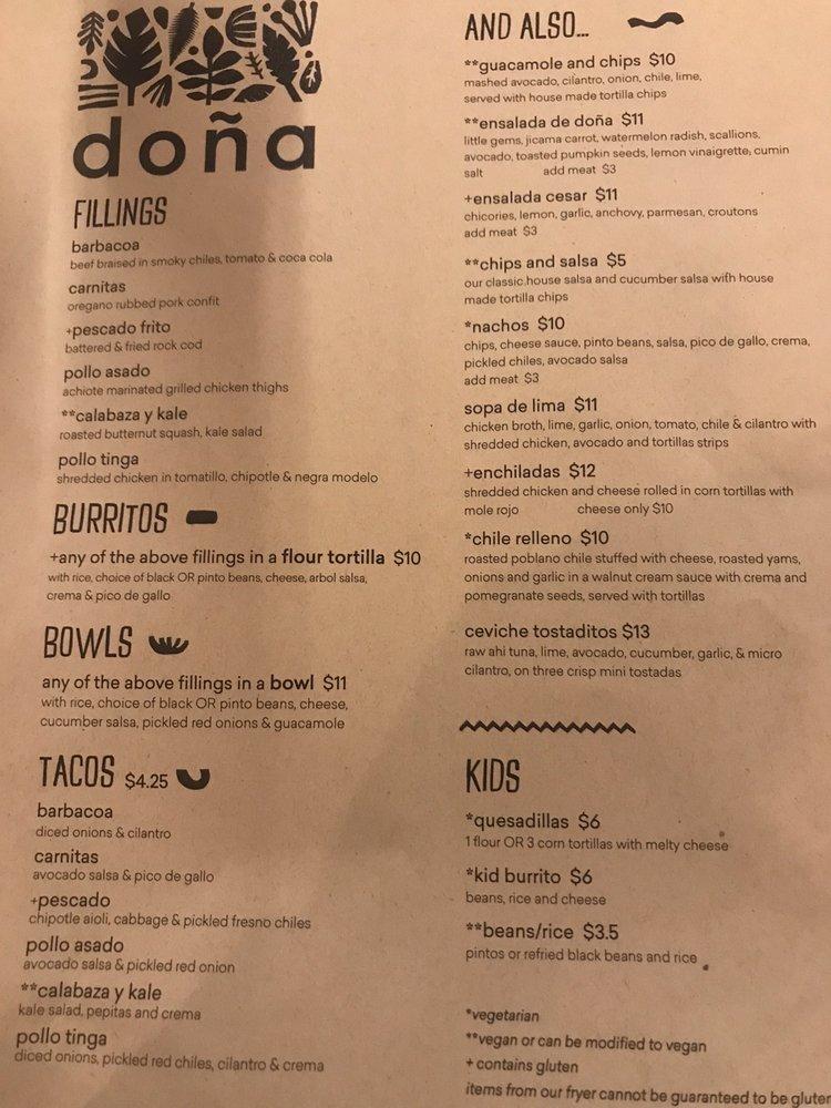 Menu at doña restaurant Oakland Piedmont Ave