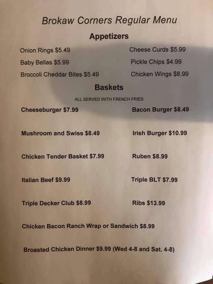 Menu at Brokaw Corners restaurant, Wausau, T7550 County Rd W
