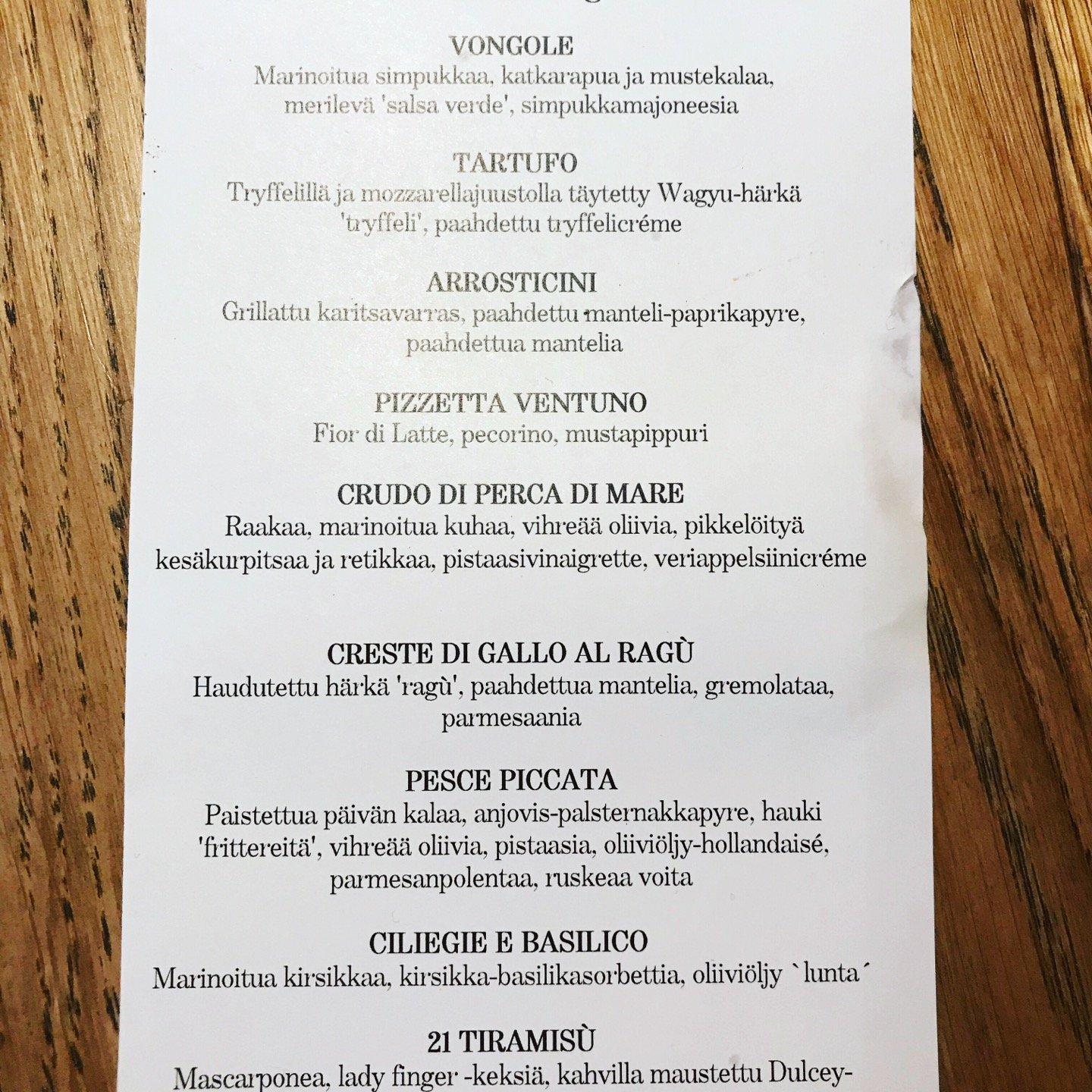 Menu at Restaurant Ventuno, Helsinki