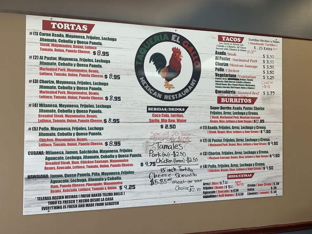 Menu at Tacos El Gallo restaurant, East Peoria