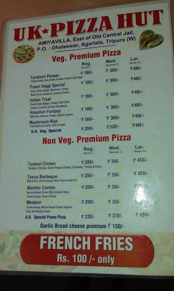 Menu at UK Pizza Hut, Agartala