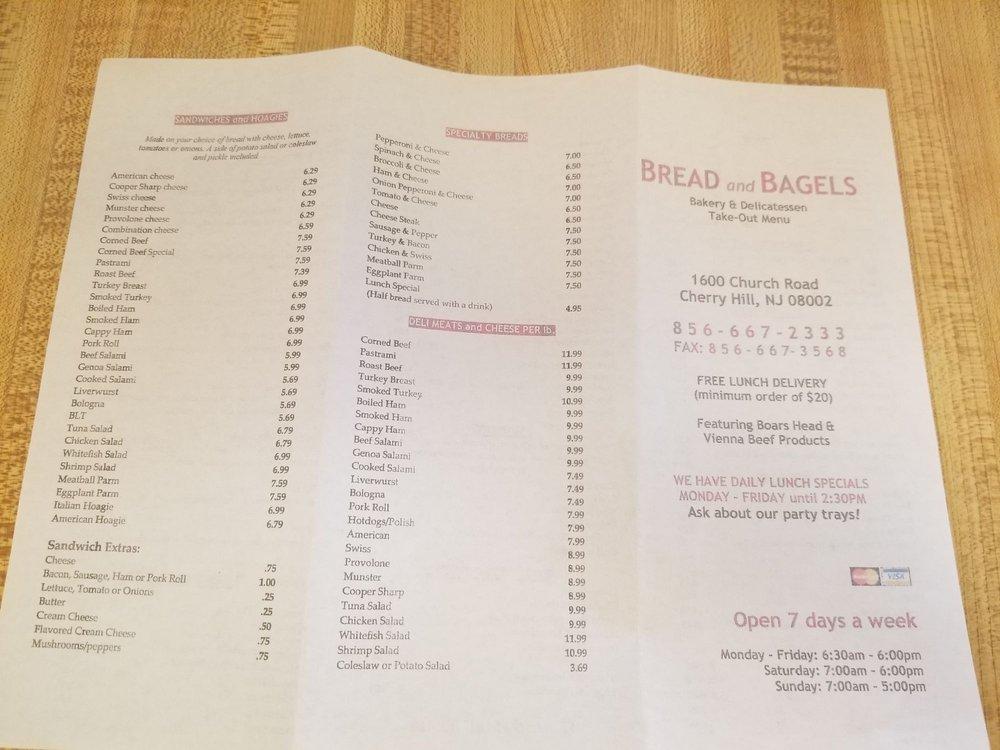 Menu at Bread & Bagels restaurant, Cherry Hill