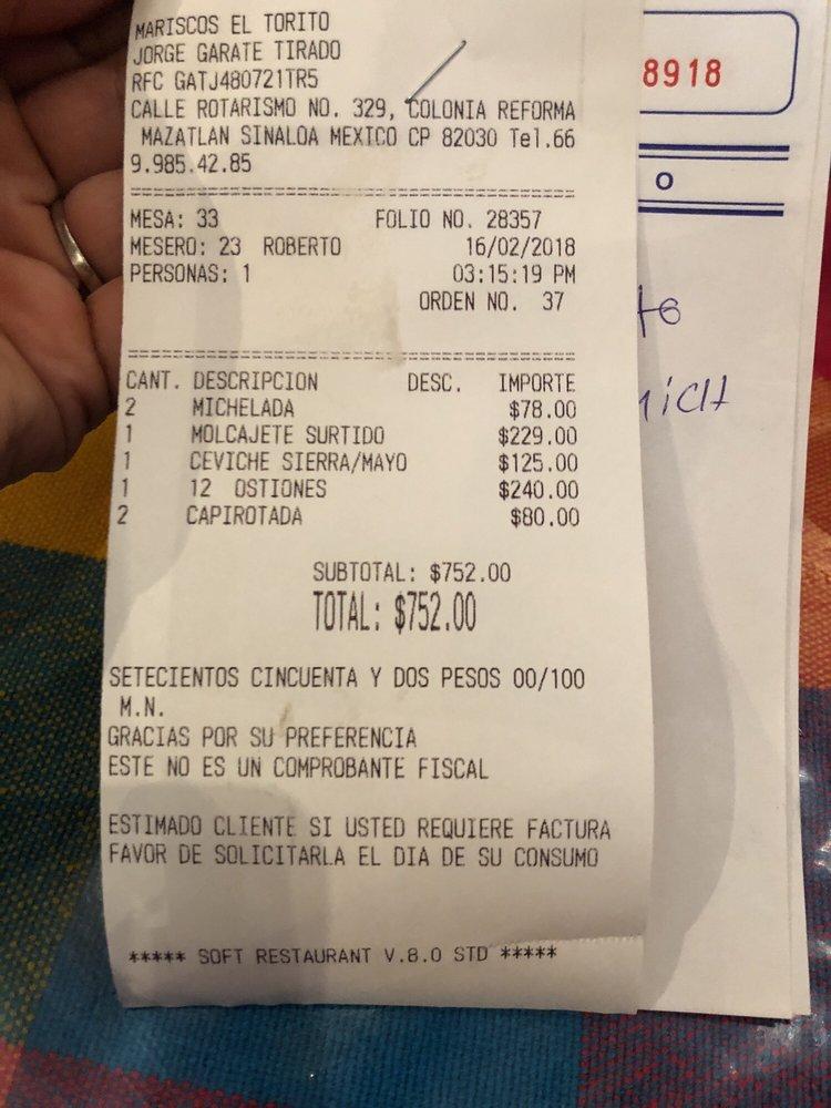 Carta del restaurante Mariscos El Torito, Mazatlán, Av. Rotarismo 329