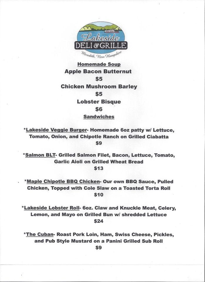 Menu at Lakeside Deli & Grille restaurant, Meredith
