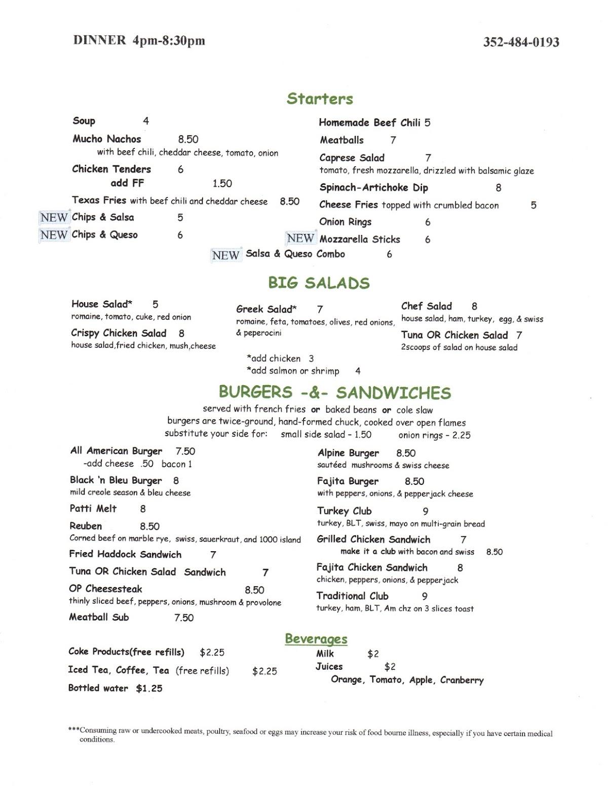 Menu at Yesterdays Restaurant, Ocala, NW 26th St enter from main gate off