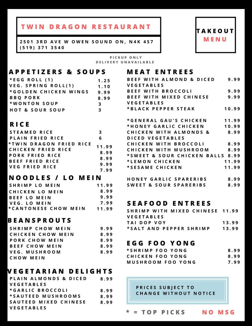 Menu at Twin Dragon Restaurant, Owen Sound
