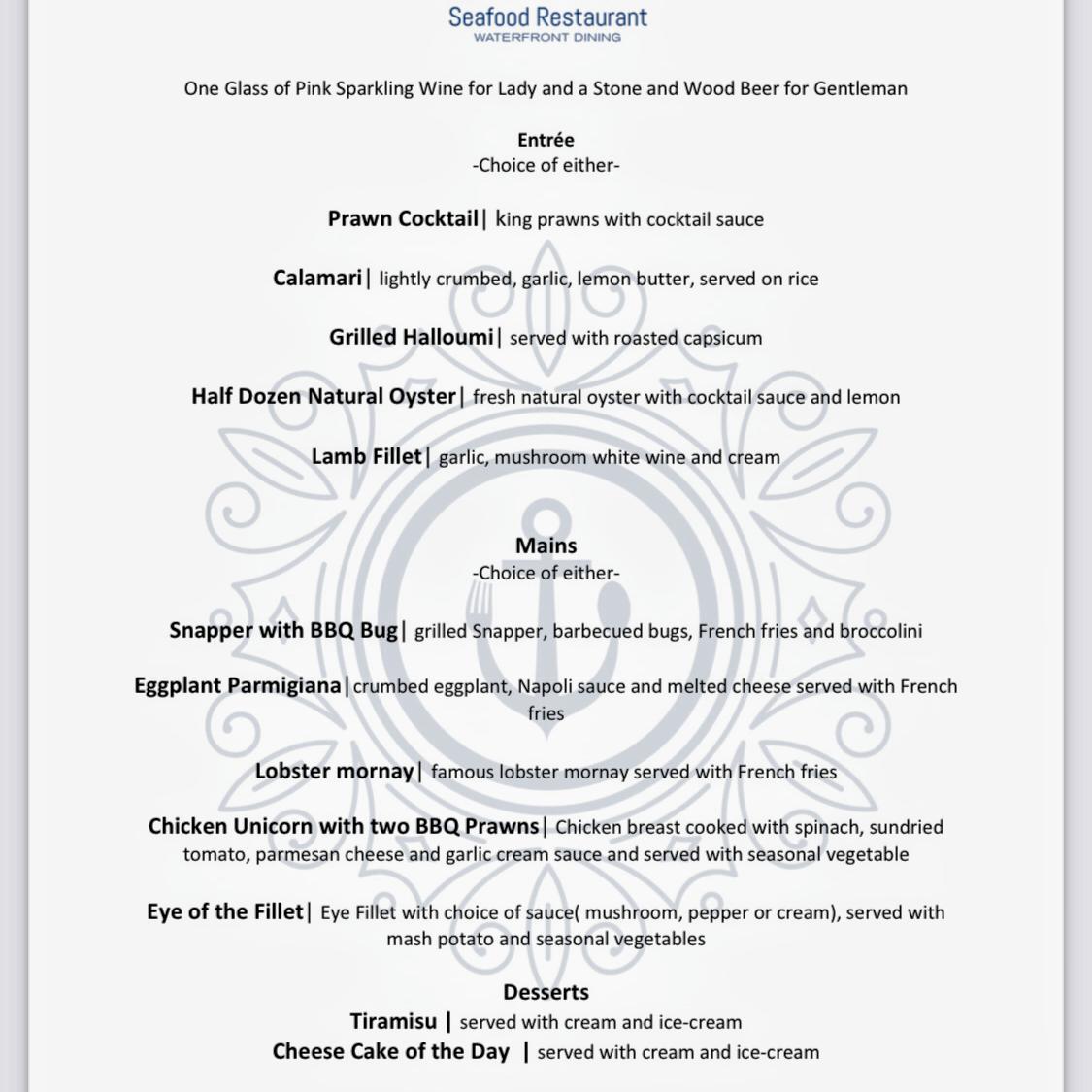 Menu at Unicorn Seafood Restaurant, Kingscliff