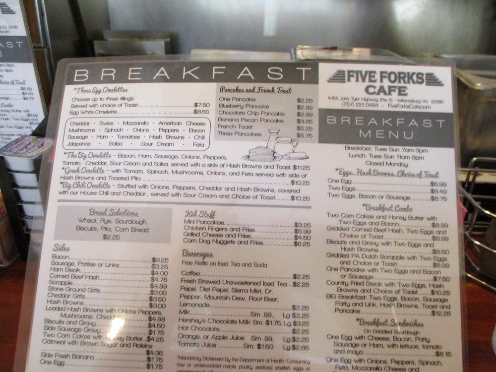 Menu at Five Forks Cafe, Williamsburg, John Tyler Hwy