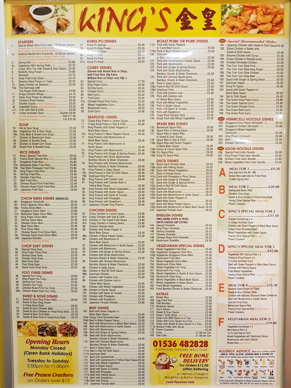 Menu at King's Chinese Takeaway fast food, Kettering