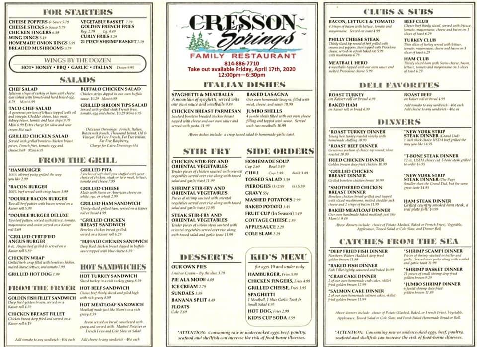 Menu at Cresson Springs Family Restaurant, Cresson
