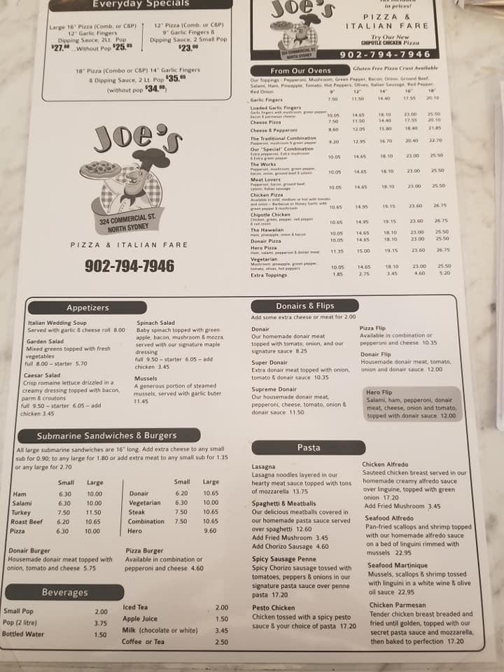 Menu at Joes Pizza restaurant, North Sydney