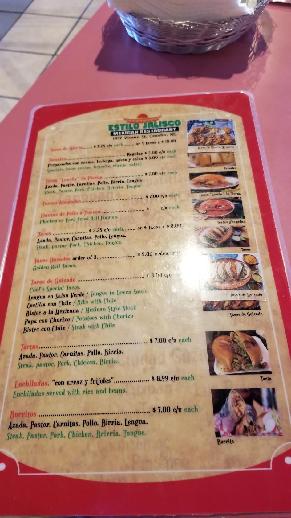 Menu at Estilo Jalisco Mexican Restaurant, Omaha
