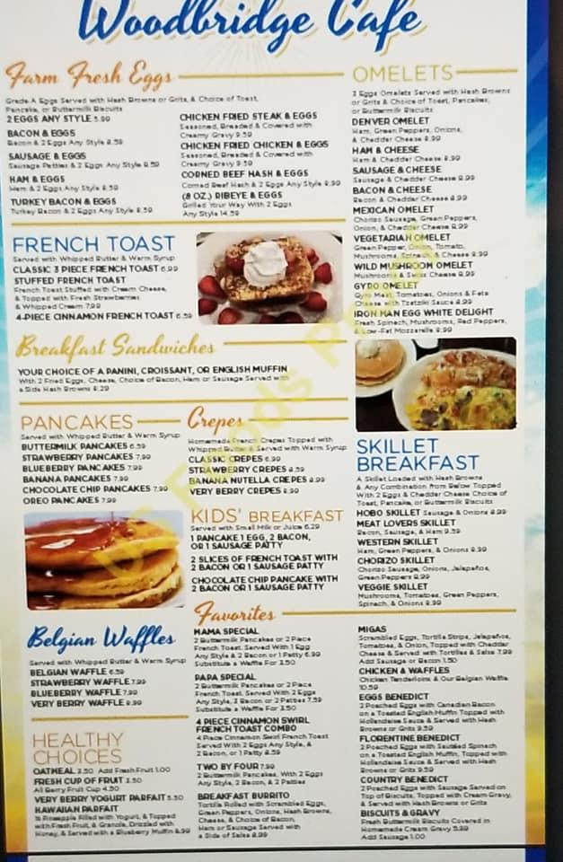 Menu at Woodbridge Cafe, Sachse