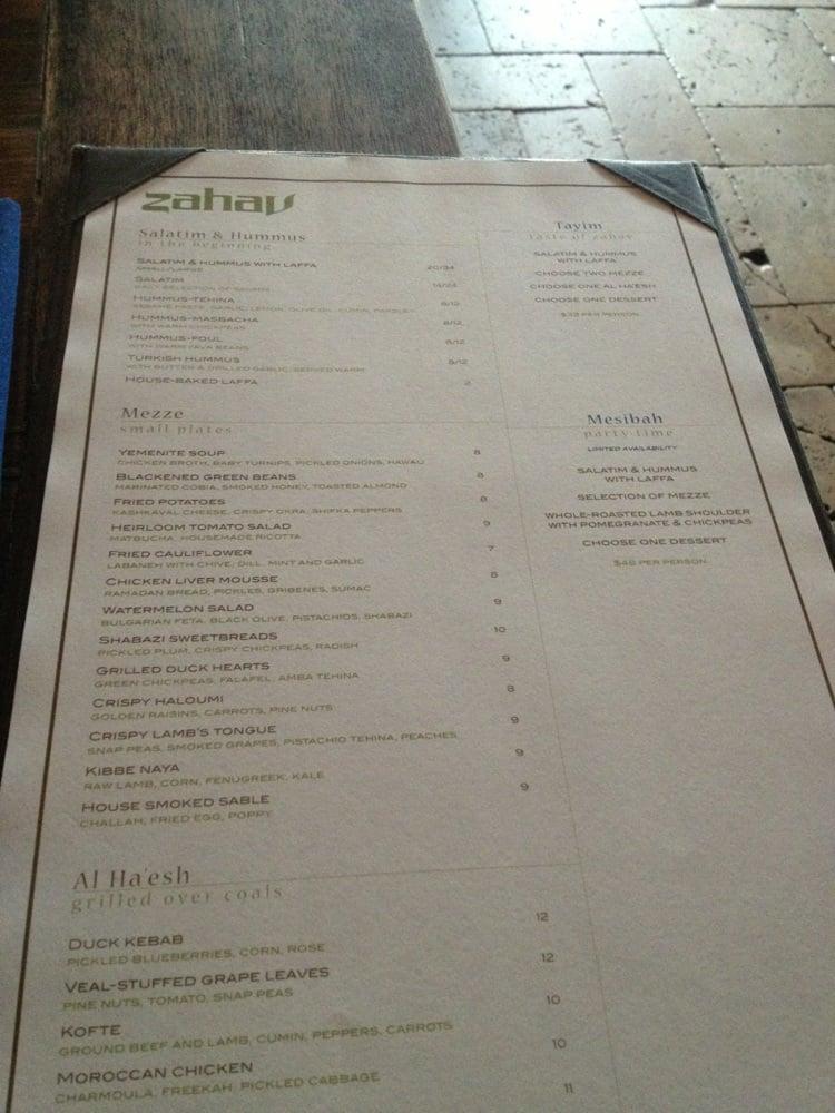 Menu at Zahav restaurant, Philadelphia