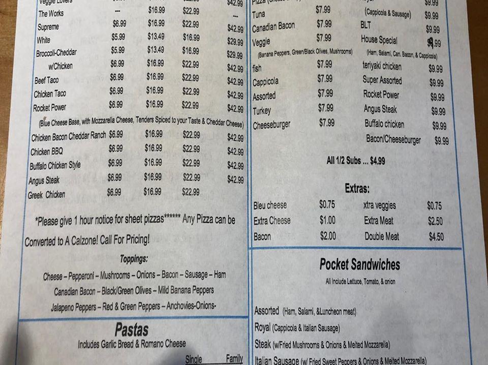 Menu at Capozzi's Pizzeria, Gowanda