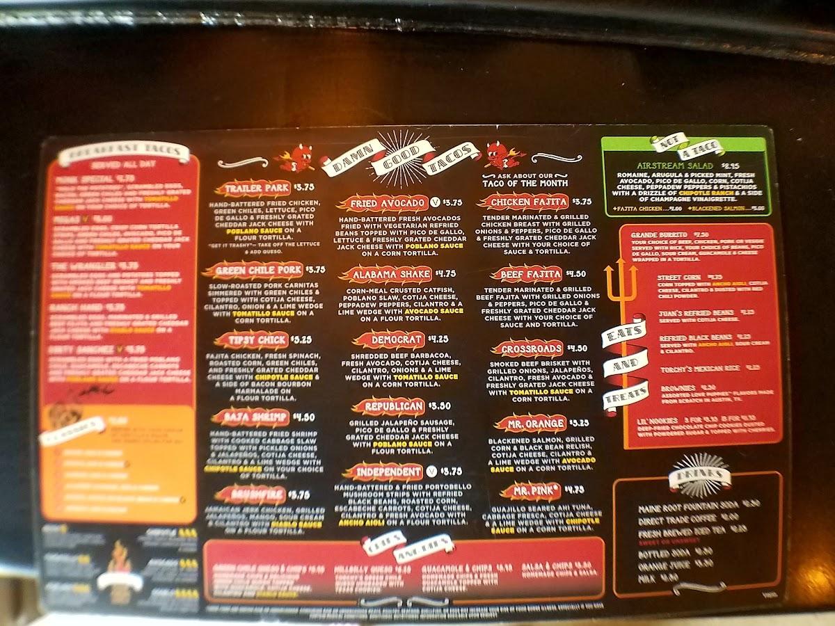 Menu at Torchy's Tacos restaurant, Houston, S Shepherd Dr