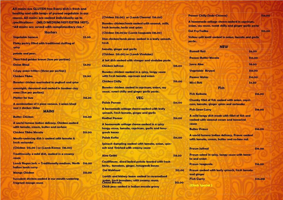 Menu at Red Chillies Indian Cuisine restaurant, Temuka