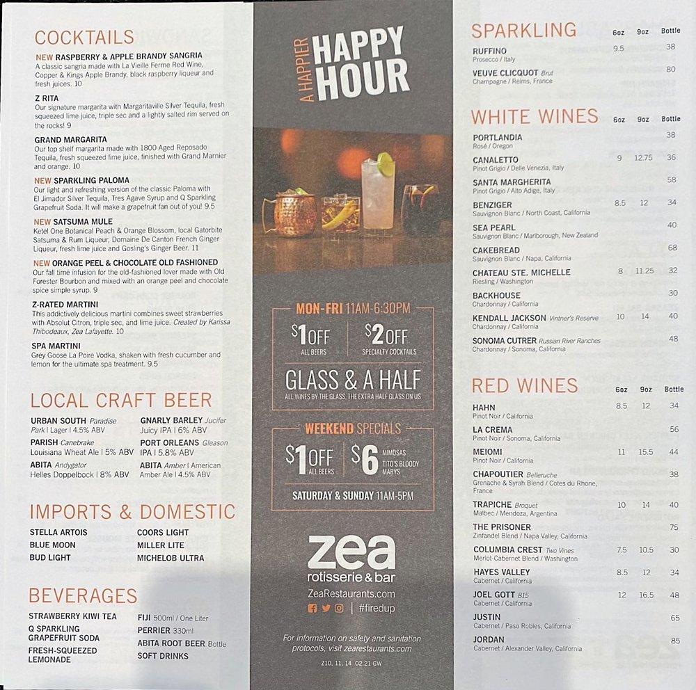 Menu at Zea Rotisserie & Bar, Denham Springs, Crossing Cir