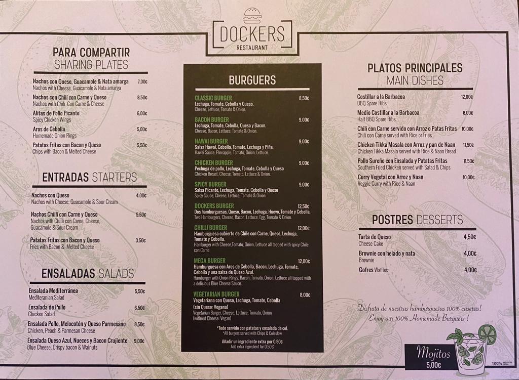 Menu at Dockers Restaurant, Jalón