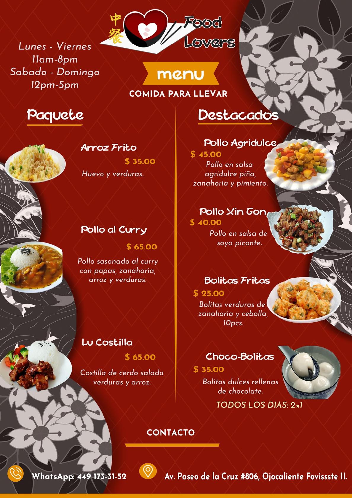 Carta del restaurante Xingfu comida china, Aguascalientes