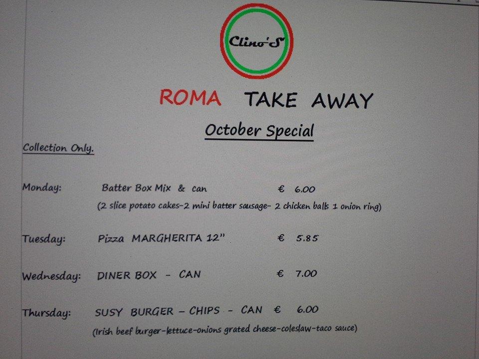 Menu at Roma Takeaway restaurant, Dublin, 1-2 The Coombe