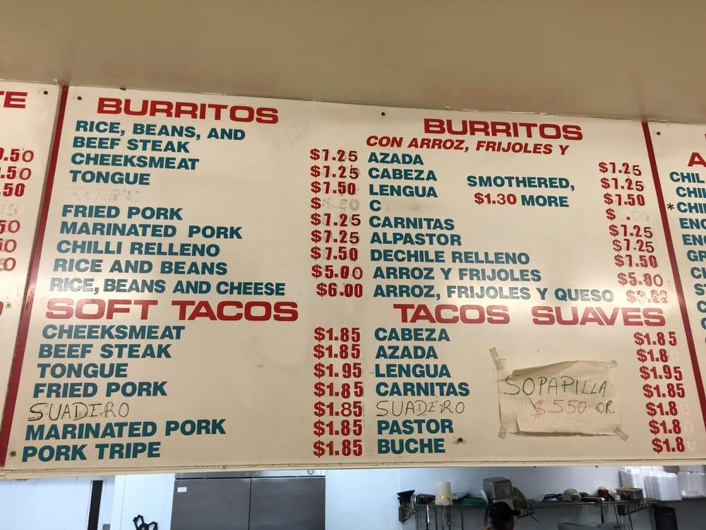 Menu at El Taco De Mexico restaurant, Denver