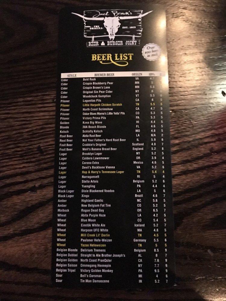 Menu at Jack Brown's Beer & Burger Joint Murfreesboro pub & bar
