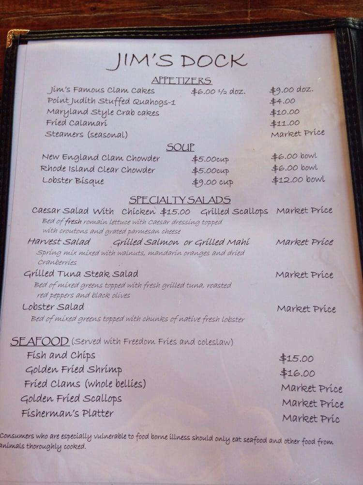 Menu at Jim's Dock restaurant, Narragansett