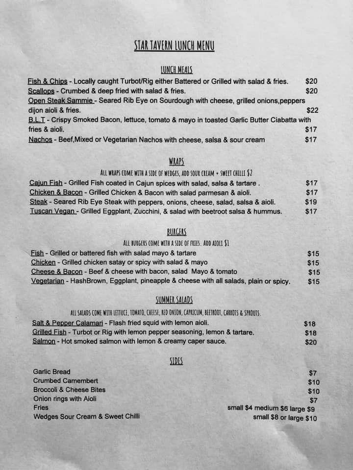 Menu At Star Tavern Restaurant Cape Foulwind