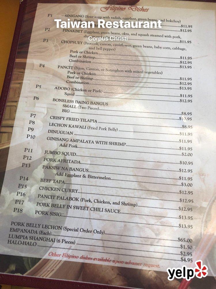 Menu at Taiwan Restaurant, Corpus Christi