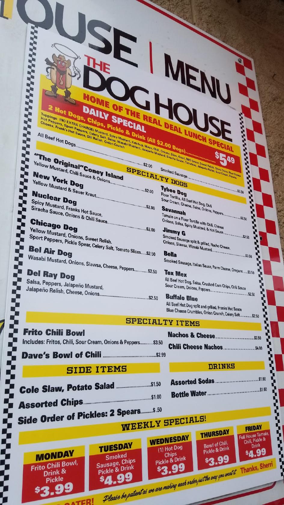 Menu at Dave's Dog House restaurant, Knoxville, Middlebrook Pike