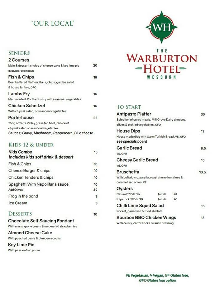 Menu at The Warburton Hotel, Wesburn Bar & Bistro (The West), Wesburn
