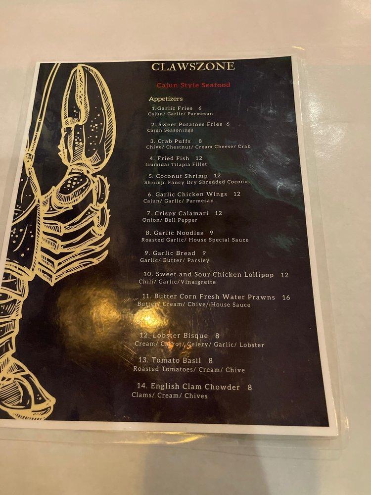 Menu at Claws Zone restaurant, Westminster