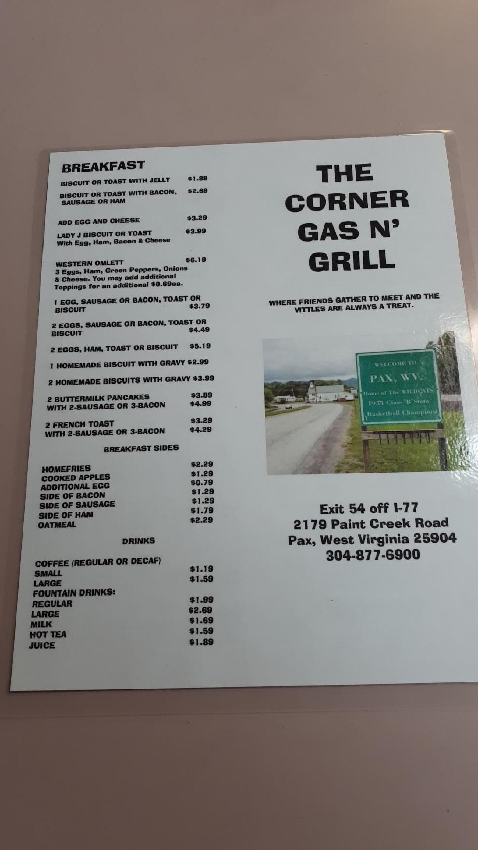 Menu at Corner Gas and Grill restaurant, Pax