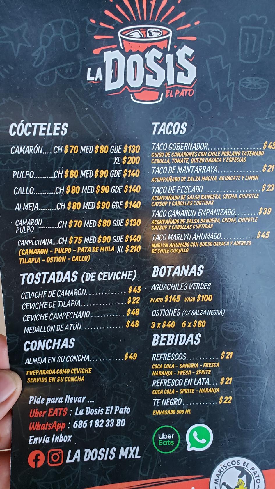 Menu at Mariscos El Pato restaurant, Mexicali