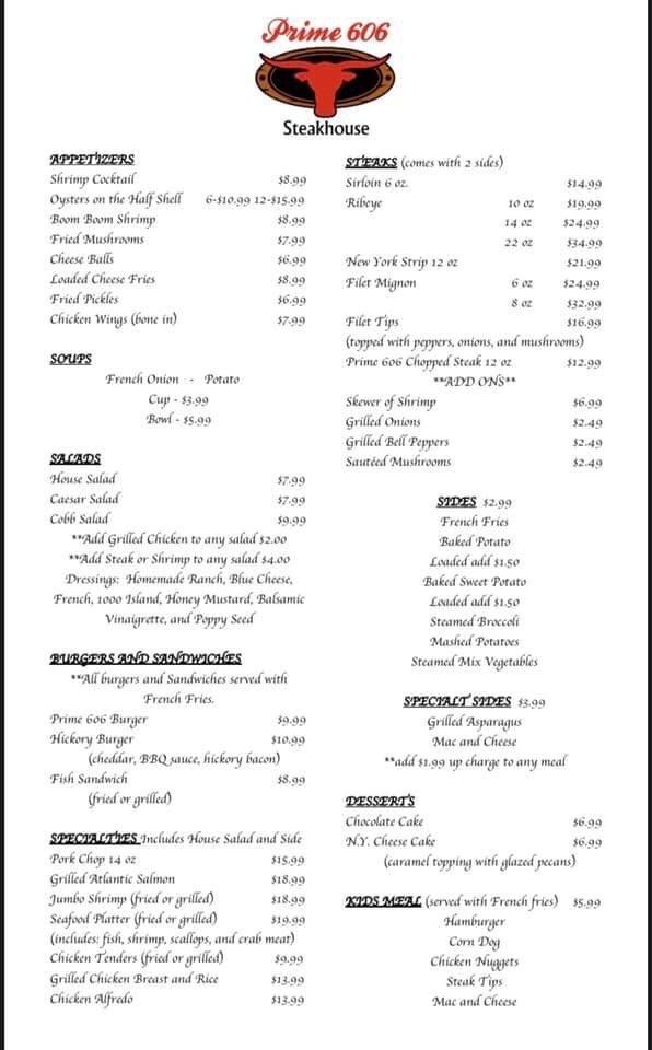 Carta de Prime 606 Steakhouse, Hazard