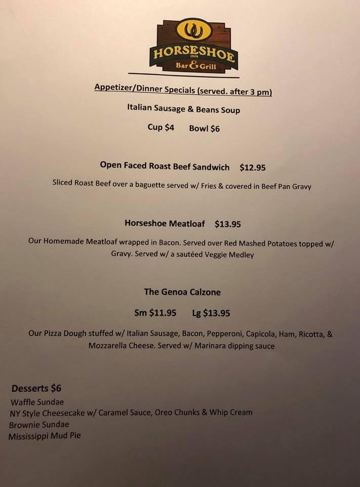 Menu at Horseshoe Inn Bar & Grill, Saratoga Springs